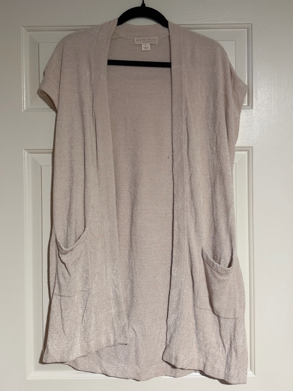 Barefoot Dreams Open-Front Short Sleeve Cardigan in Light Beige